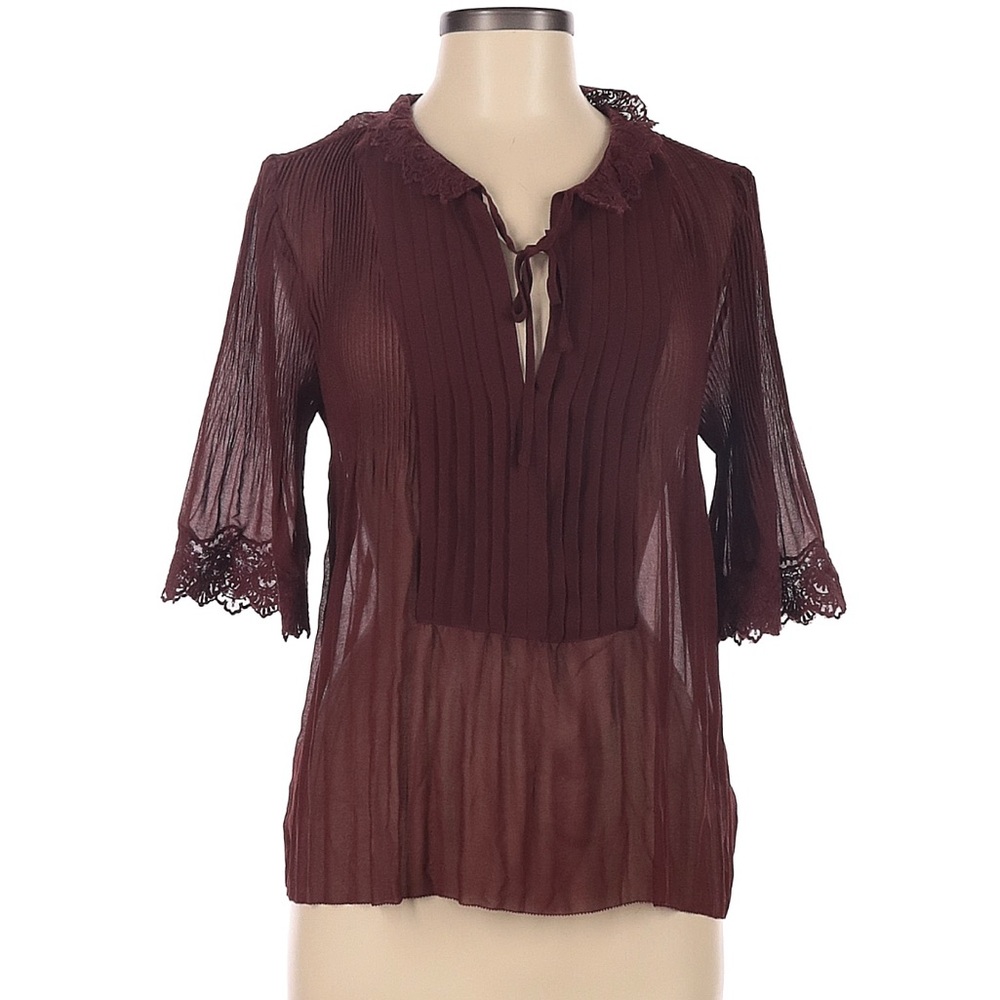 Zara Elegant Lace Trim Burgundy Crepe Blouse Size Medium